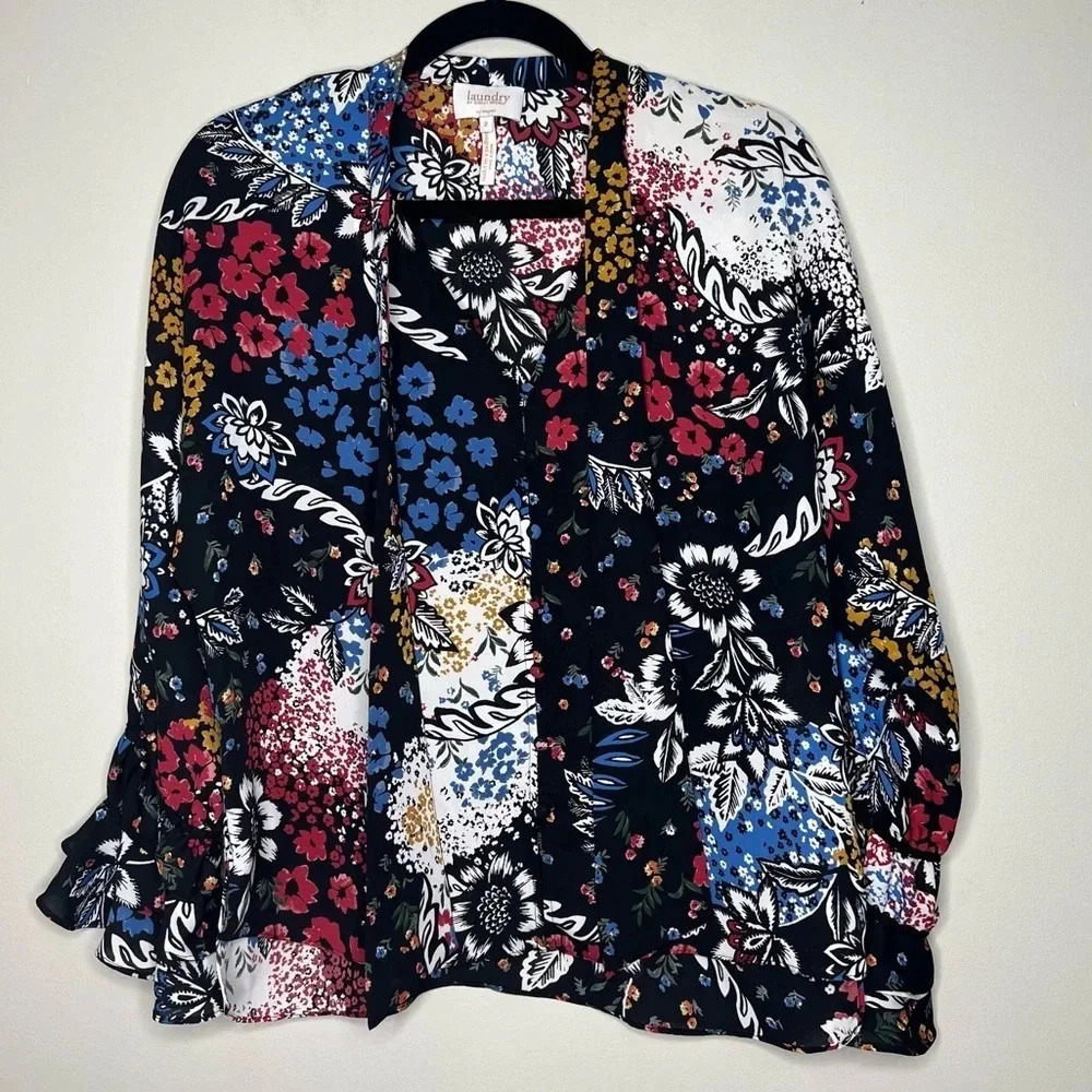 Laundry by Shelli Segal Floral Neck Tie Button Down Bell  Flowy Sleeve sz 2